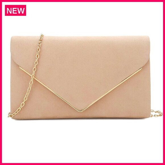 Handbags - Faux Suede Clutch Bag with Metal Binding, Detachable Chain Strap for Evening